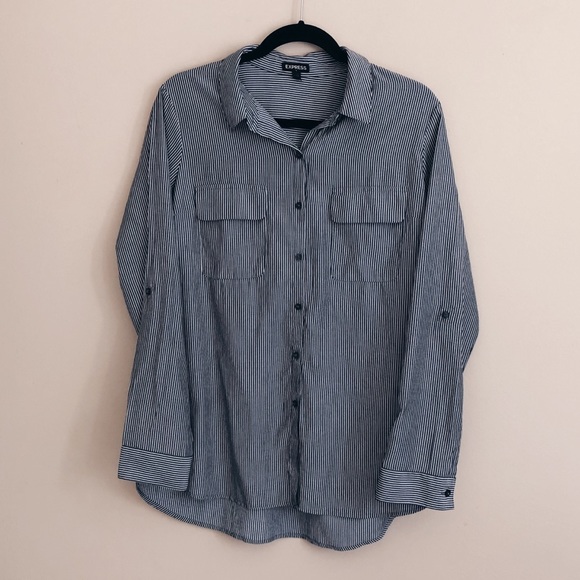 *NWOT* | EXPRESS | Gray Striped Button Up - Picture 2 of 5